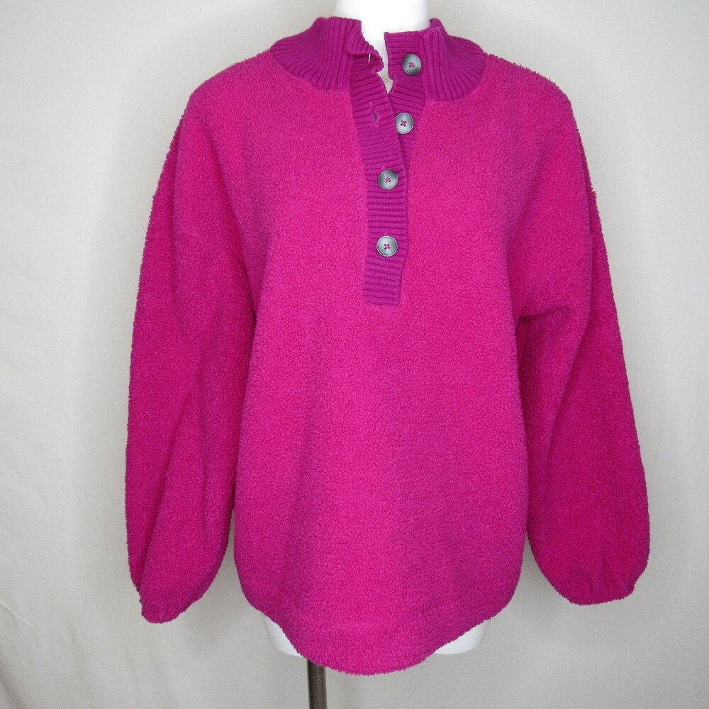 Ann Taylor LOFT Fuchsia Pink Plush Fleece Button Pullover Sweatshirt Women's XL